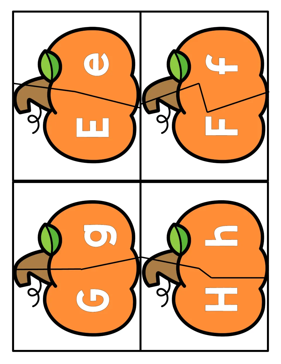 Pumpkin puzzles for E, F, G and H: students join the two halves to match each capital letter with its lowercase form