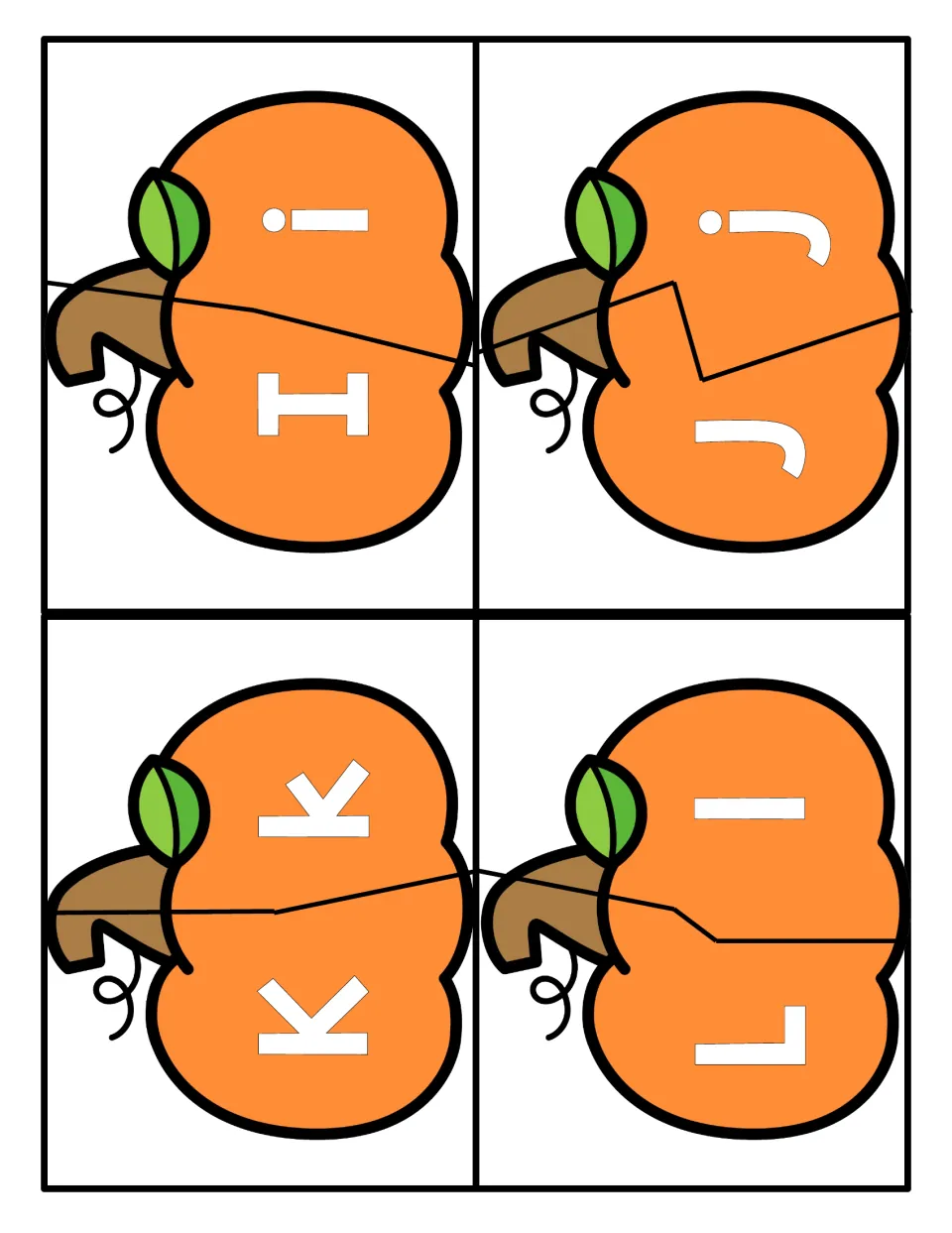 Pumpkin puzzles for I, J, K and L: two-piece cut-outs where the uppercase half fits its matching lowercase half