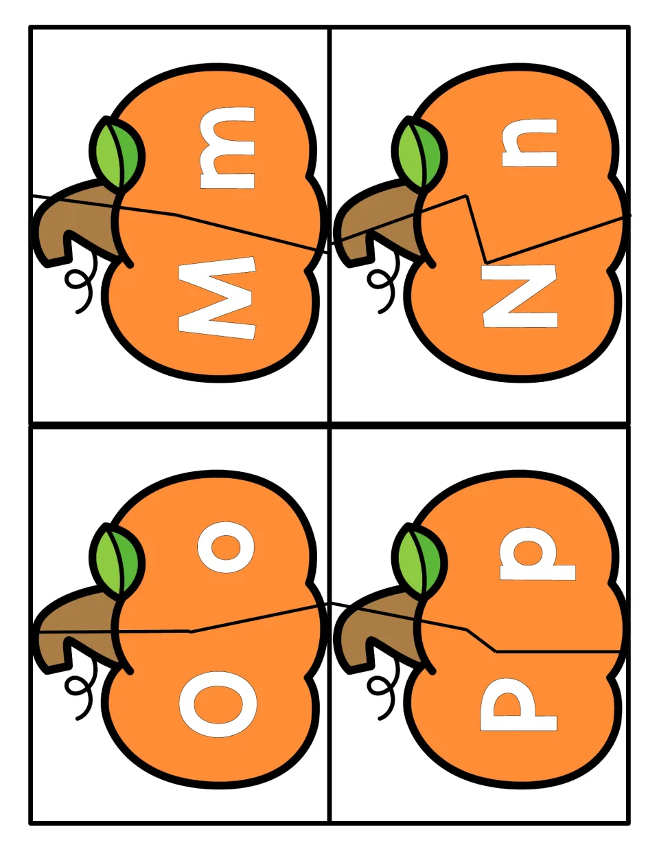 Pumpkin puzzles for M, N, O and P: children fit the halves together to pair each uppercase letter with its lowercase