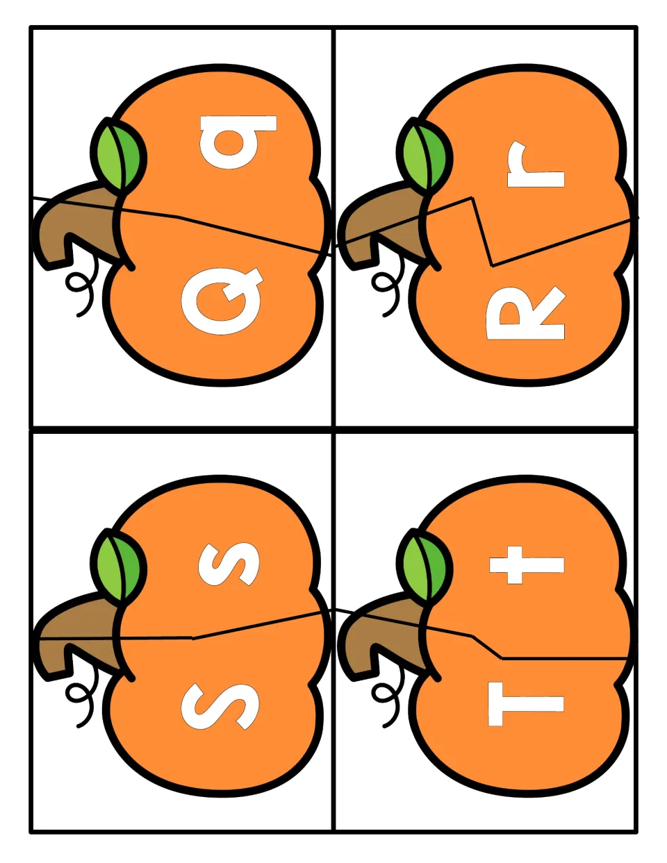 Pumpkin puzzles for Q, R, S and T: cut-out pumpkin halves for matching uppercase to lowercase letters