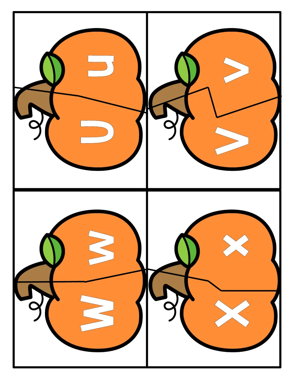 Pumpkin puzzles for U, V, W and X: two-piece pumpkins that join a capital letter to its lowercase partner