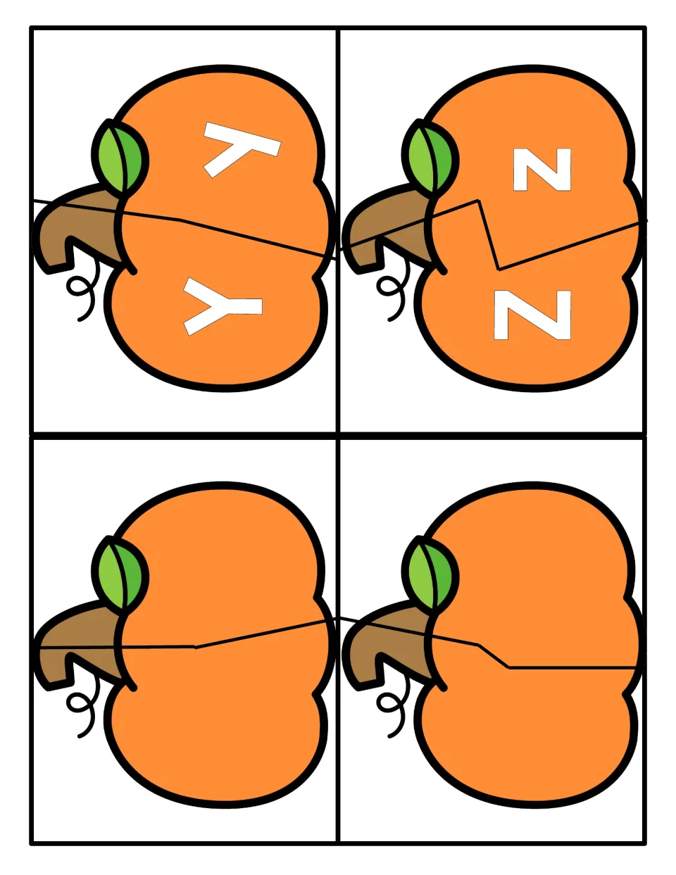 Pumpkin puzzles for Y and Z, letter matching for uppercase and lowercase, plus two blank two-piece pumpkins