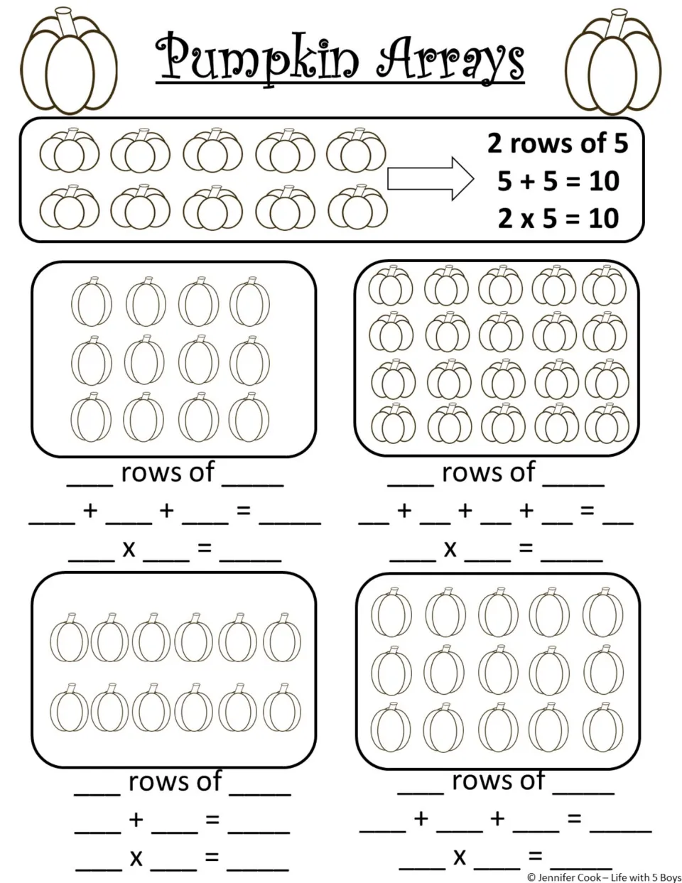 Multiplication arrays: after a 2 rows of 5 example, students count rows, a repeated addition and a fact for 4 pumpkin sets