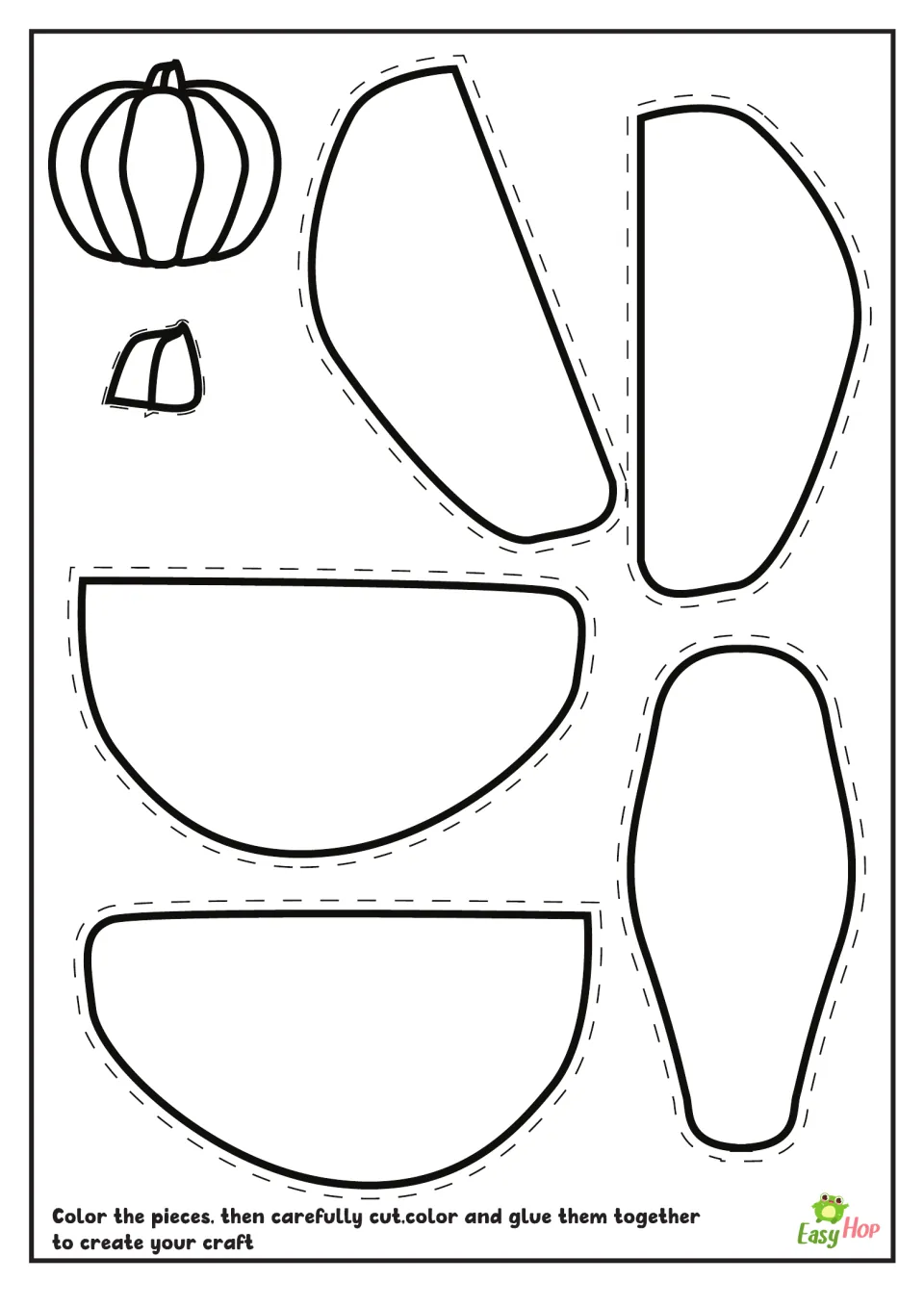 Outline pumpkin craft template with five pumpkin sections and a stem to color, cut out, and glue together.