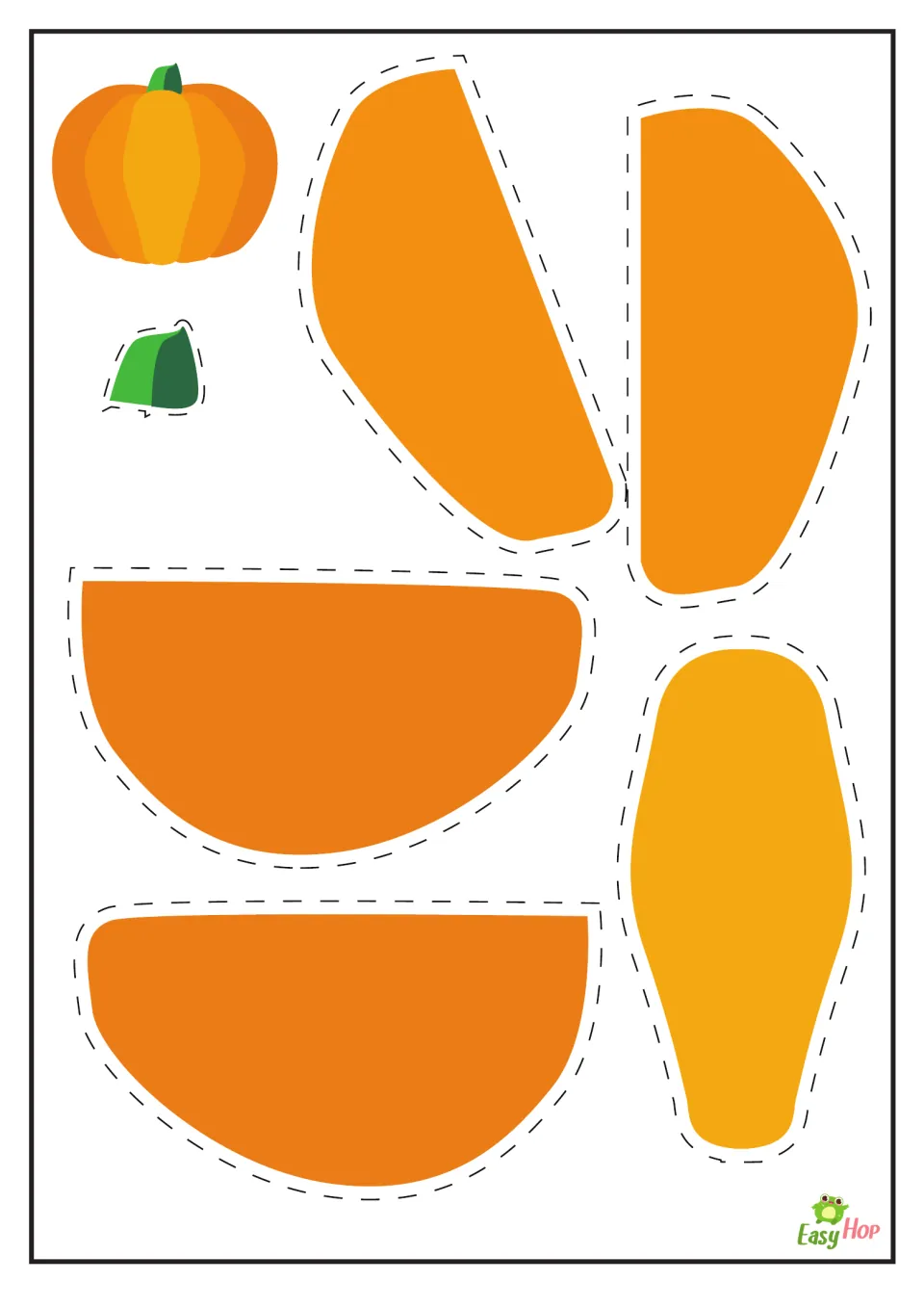 Colored pumpkin craft template with five orange and yellow sections and a green stem to cut out and assemble.