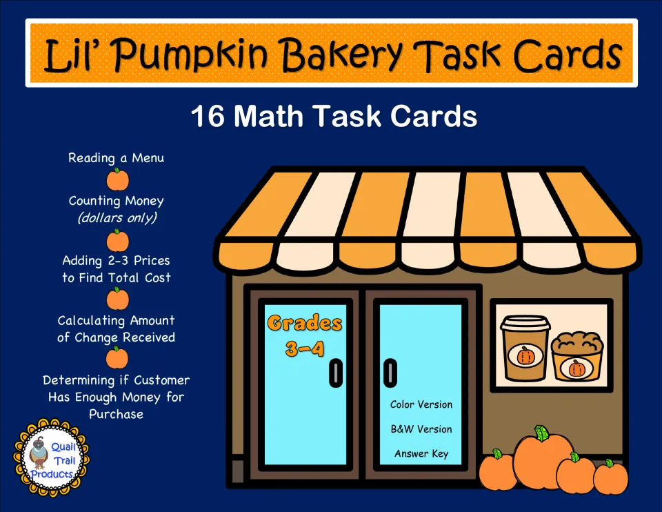 Lil' Pumpkin Bakery cover: 16 math task cards on menus, counting dollars, total cost, change and having enough money