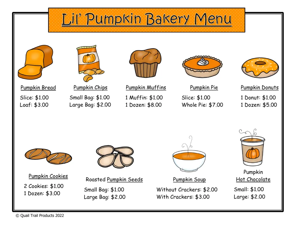 Bakery menu in color listing prices for pumpkin bread, chips, muffins, pie, donuts, cookies, seeds, soup and hot chocolate