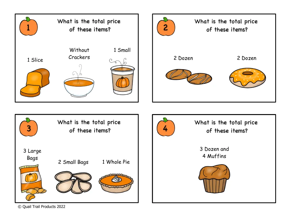 Task cards 1-4, finding total cost: students read the menu and add prices of pictured items such as 2 dozen cookies