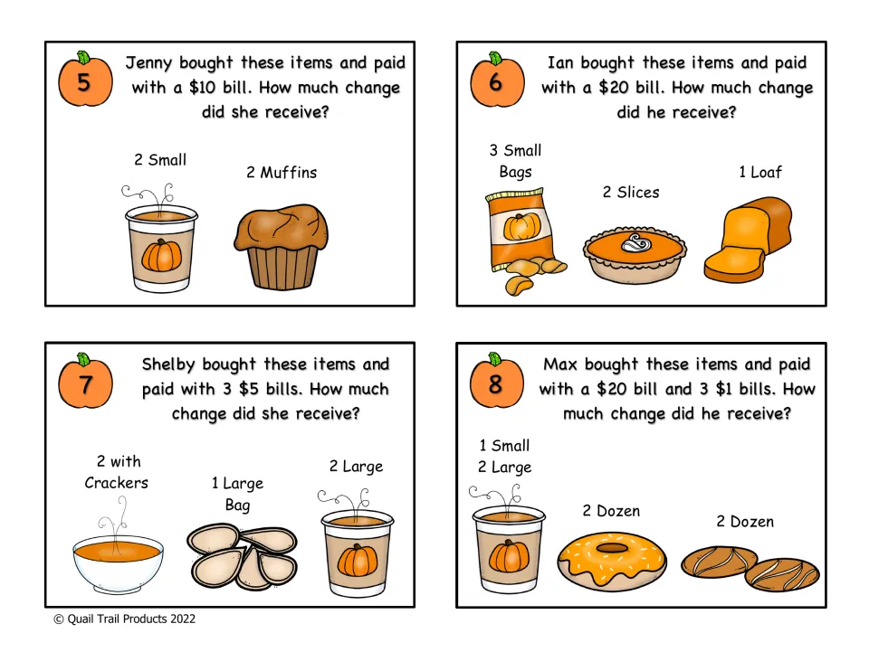 Task cards 5-8, making change: Jenny, Ian, Shelby and Max pay with bills and students find the change they receive
