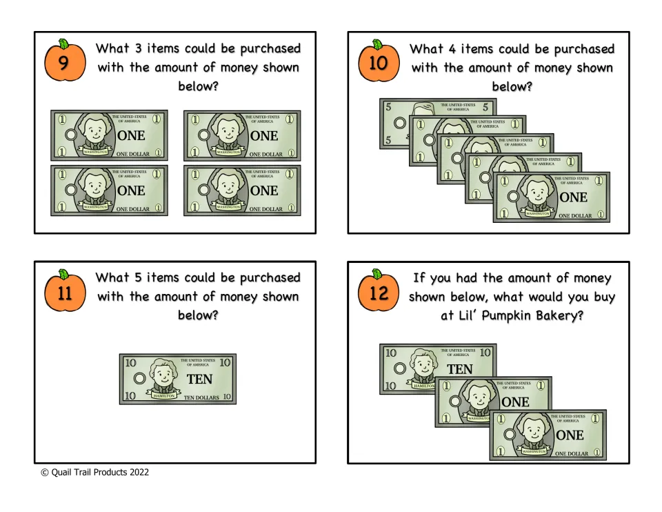 Task cards 9-12, budgeting with dollar bills: students choose 3, 4 or 5 bakery items they could buy with the money shown