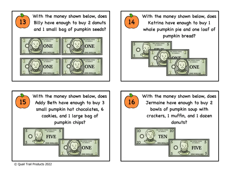 Task cards 13-16, enough money: students count pictured bills and decide if Billy, Katrina, Addy Beth or Jermaine can pay