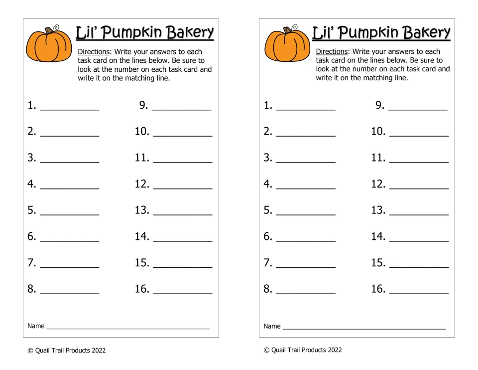 Recording sheet, two per page: students write their answers to task cards 1 to 16 and add their name