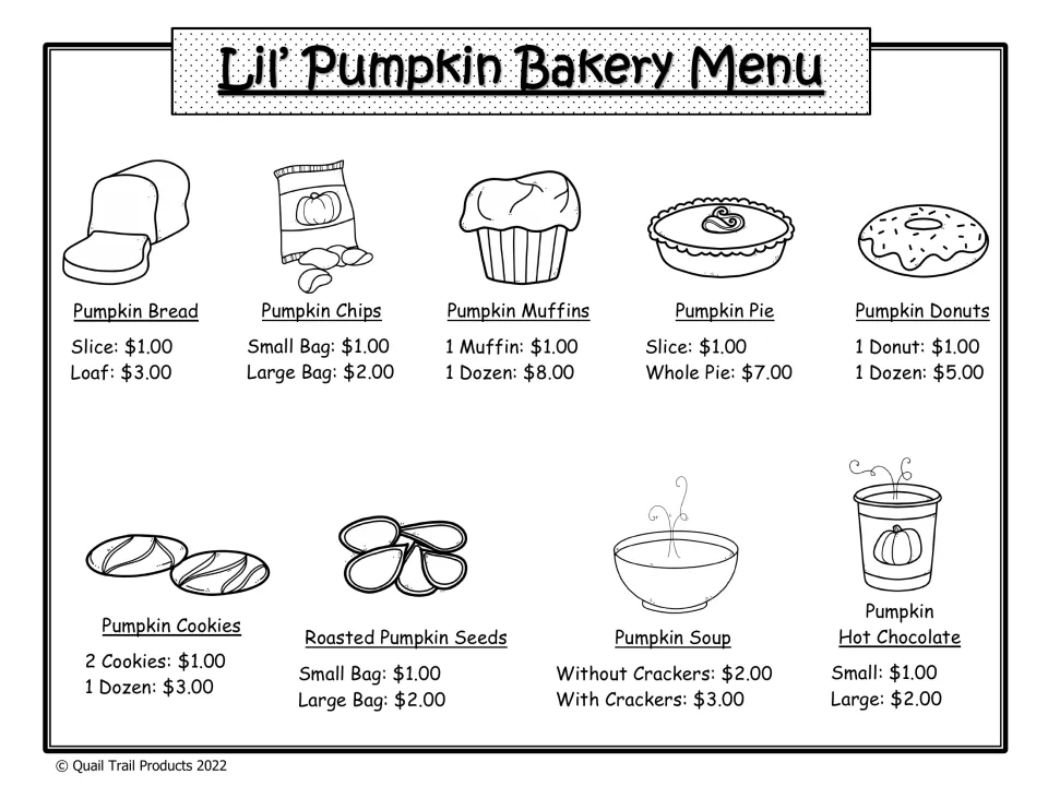 Black-and-white bakery menu with the same pumpkin item prices, from a $1.00 slice of bread to a $7.00 whole pie
