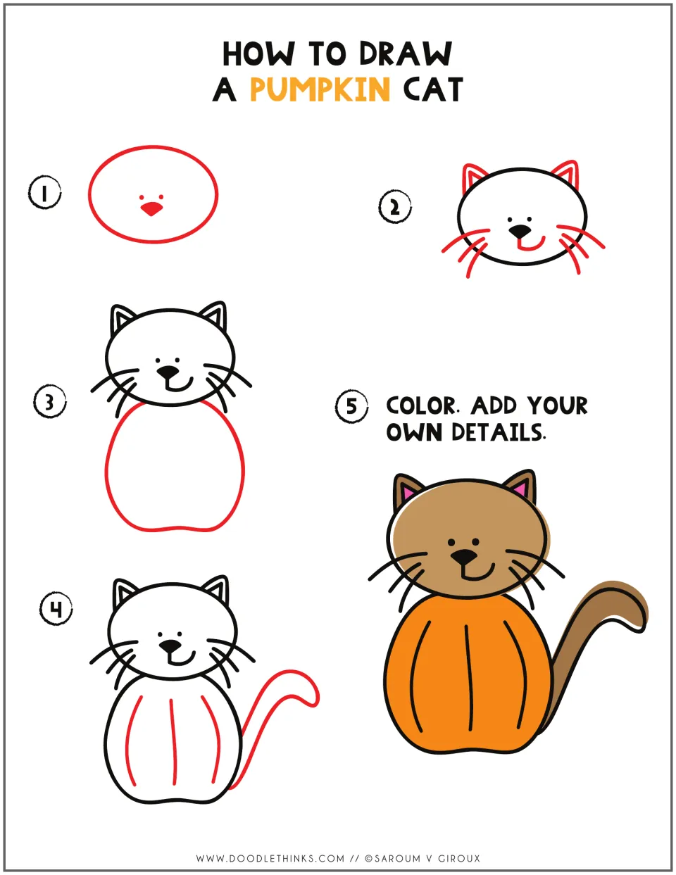 How to draw a pumpkin cat in 5 steps: oval head, ears and whiskers, round body, pumpkin ridges and tail, then color it