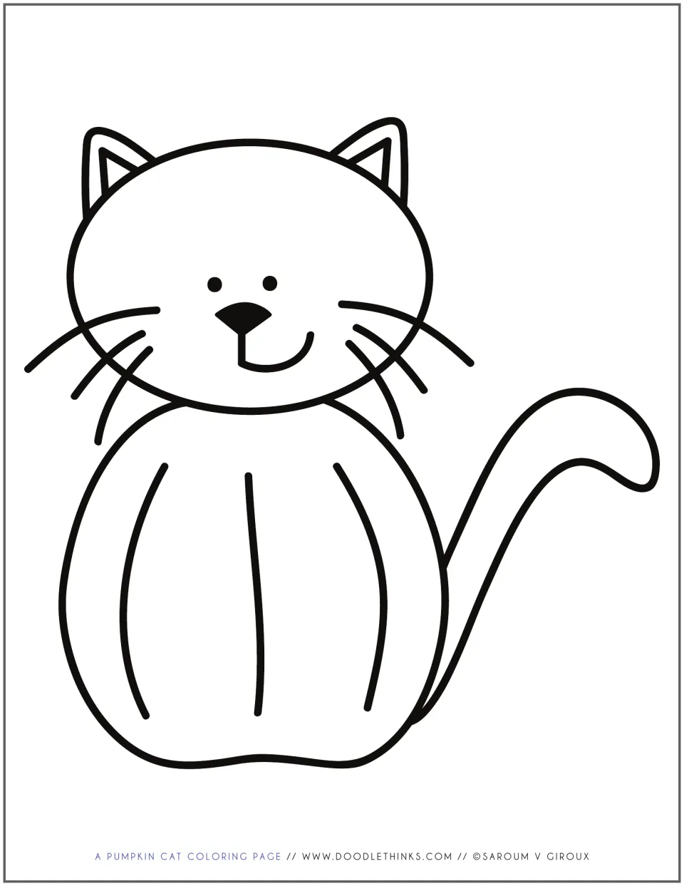 Pumpkin cat coloring page: a large outline of a smiling cat with whiskers, a ridged pumpkin body and a curled tail