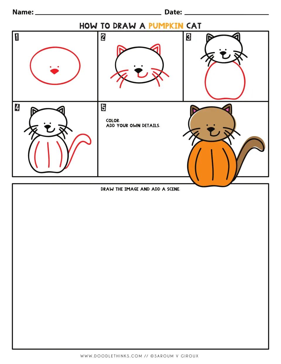 Pumpkin cat drawing practice: students follow 5 picture steps, then draw the cat and add a scene in their own space