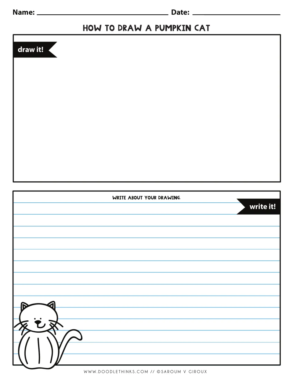 Draw and write a pumpkin cat: students draw their cat under 'draw it!' then write about it on ruled handwriting lines