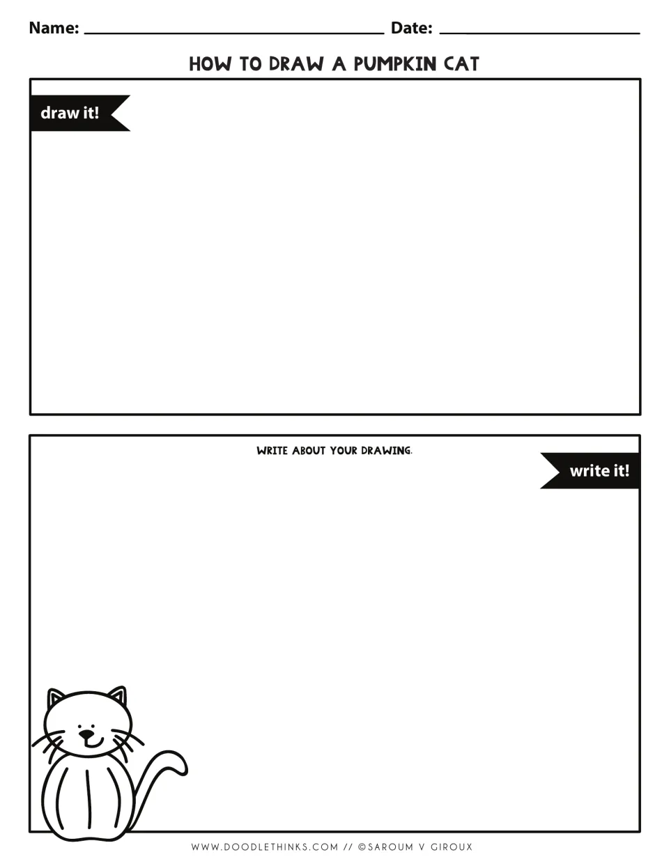 Draw and write a pumpkin cat, unlined version: students draw under 'draw it!' and write about the drawing in open space