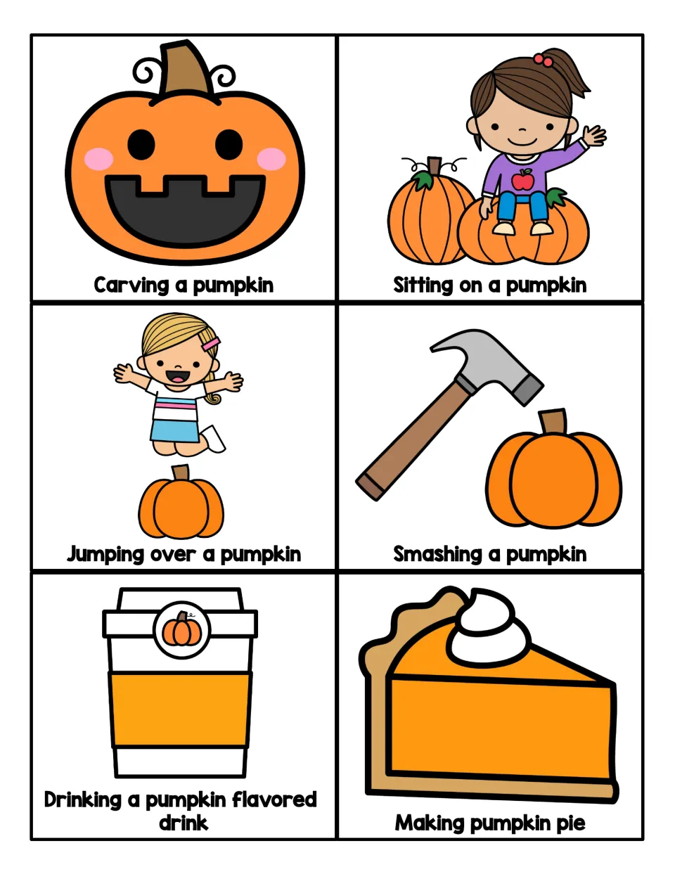 Six more pumpkin action cards to act out: carving, sitting on, jumping over, smashing, a pumpkin drink, making pie