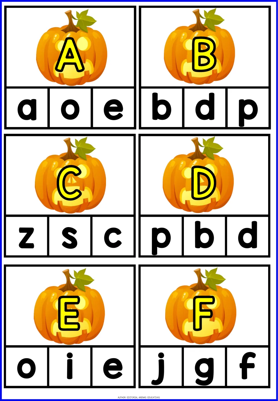 Pumpkin alphabet clip cards A–F, each showing an uppercase letter and three lowercase choices to match.