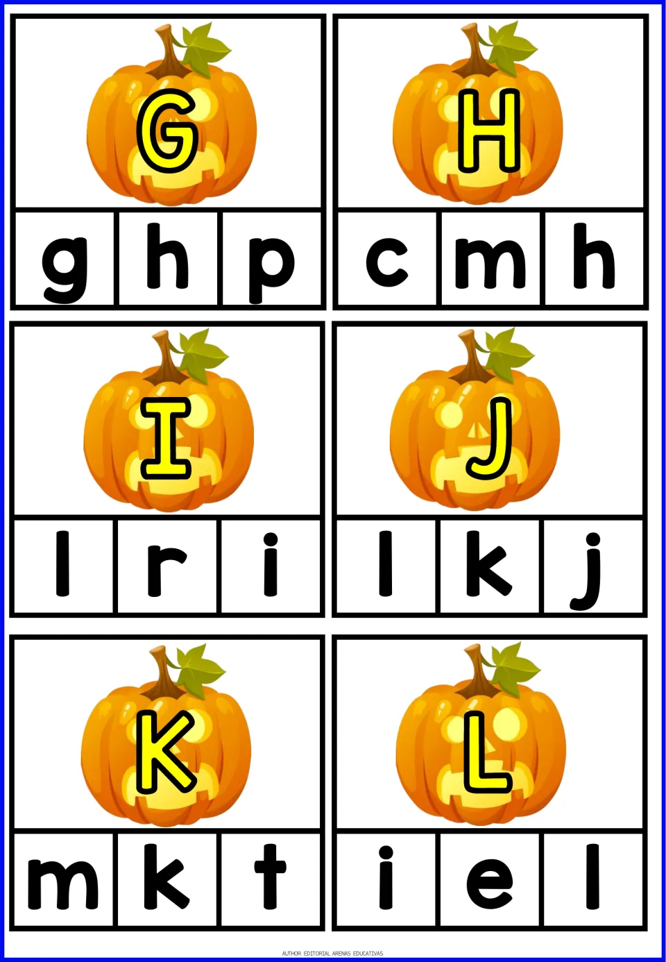 Pumpkin alphabet clip cards G–L, each showing an uppercase letter and three lowercase choices to match.