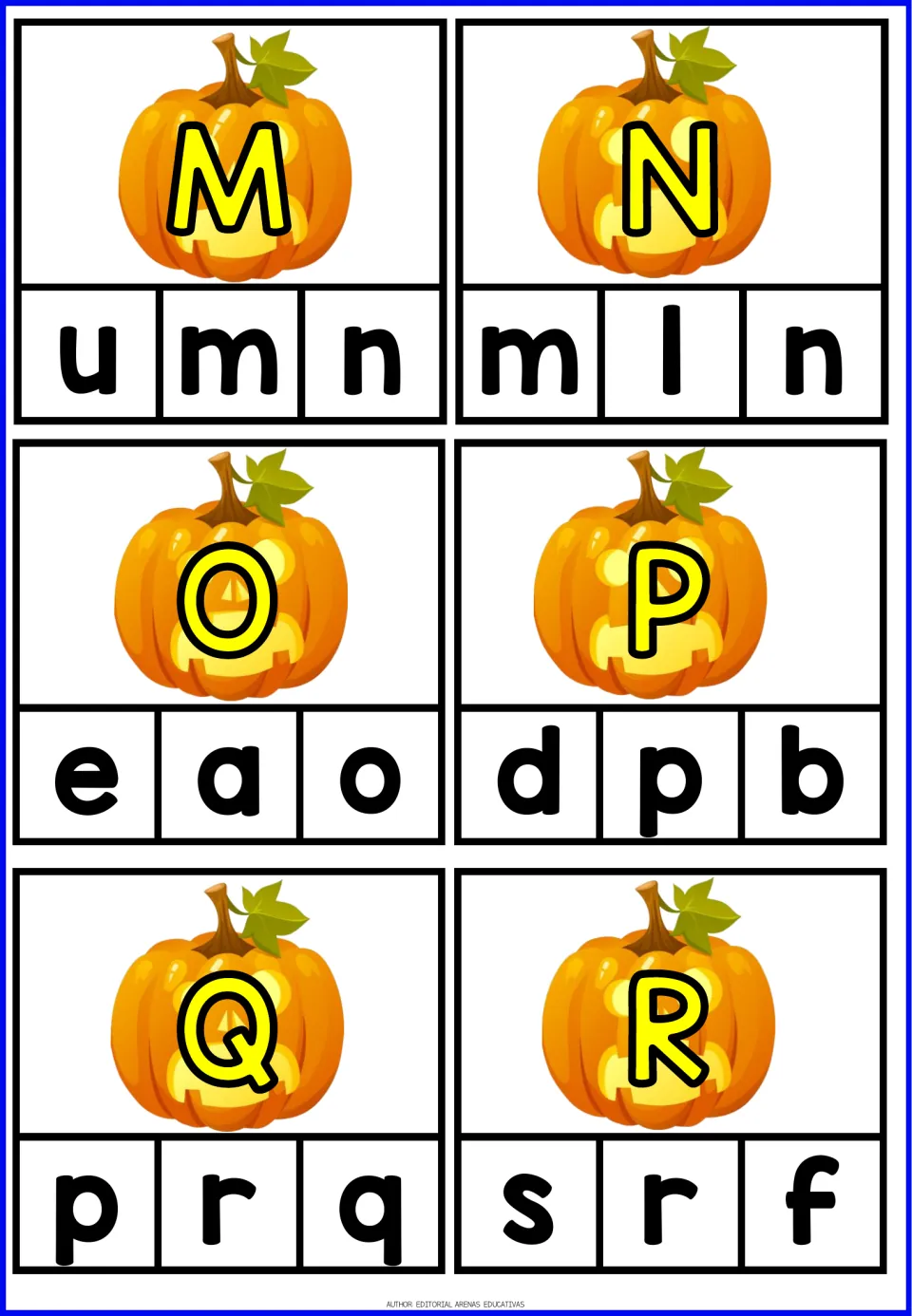 Pumpkin alphabet clip cards M–R, each showing an uppercase letter and three lowercase choices to match.