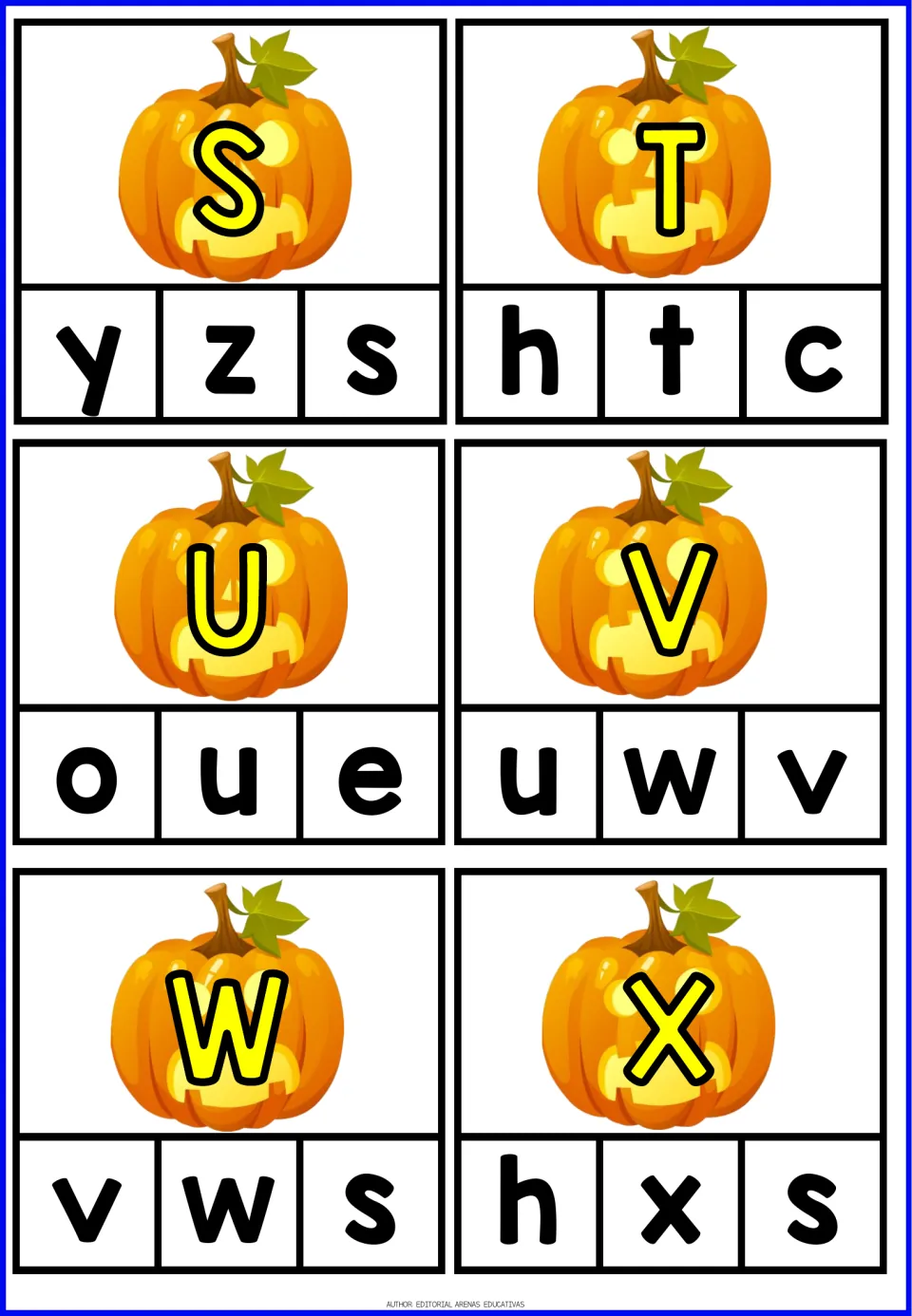 Pumpkin alphabet clip cards S–X, each showing an uppercase letter and three lowercase choices to match.