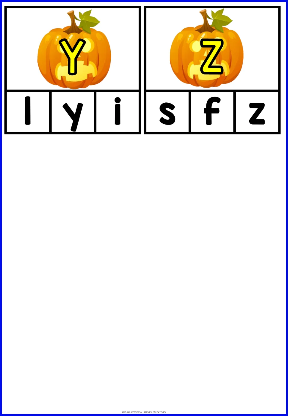 Final pumpkin alphabet clip cards Y and Z, with lowercase choices l, y, i for Y and s, f, z for Z.