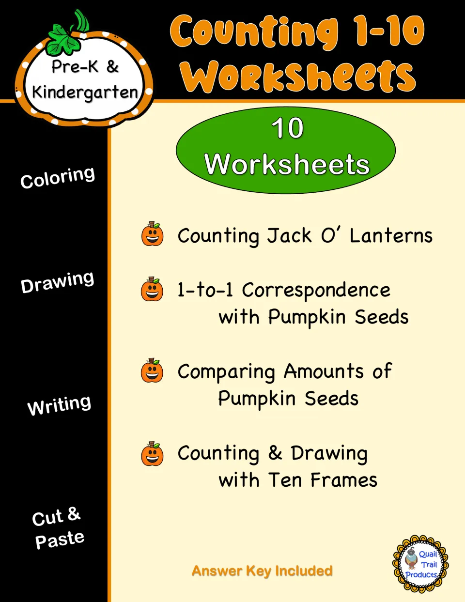 Cover for 10 counting worksheets on numbers 1–10, pumpkin seeds, jack-o’-lanterns, and ten frames