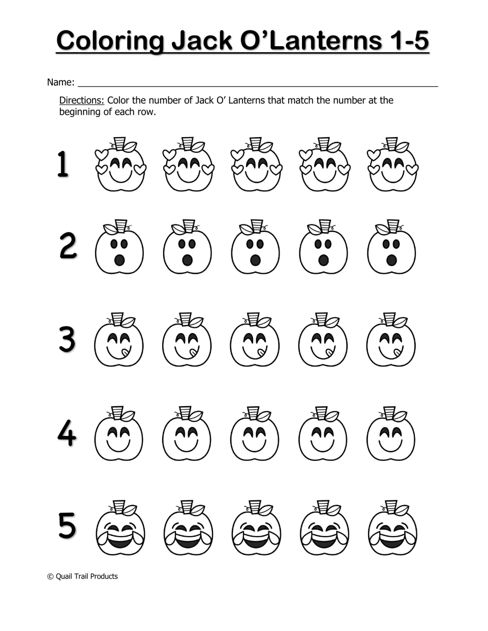 Counting worksheet for numbers 1–5: color the number of jack-o’-lanterns that matches each numeral
