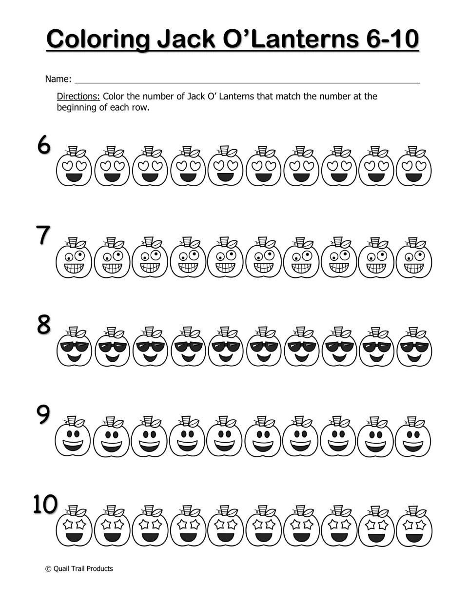 Counting worksheet for numbers 6–10: color the number of jack-o’-lanterns that matches each numeral
