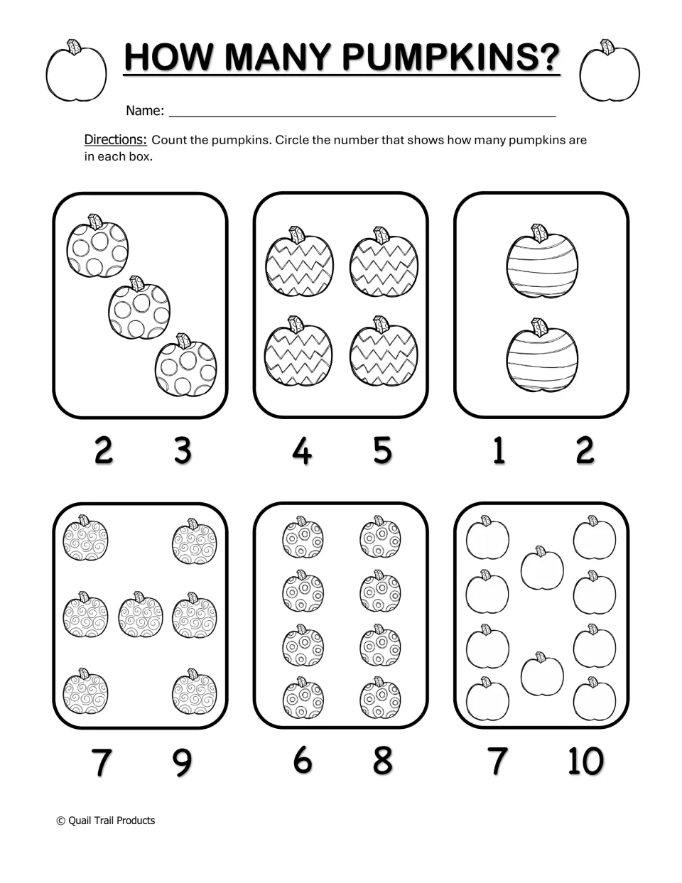How Many Pumpkins? counting worksheet: count six groups of pumpkins and circle the matching numbers