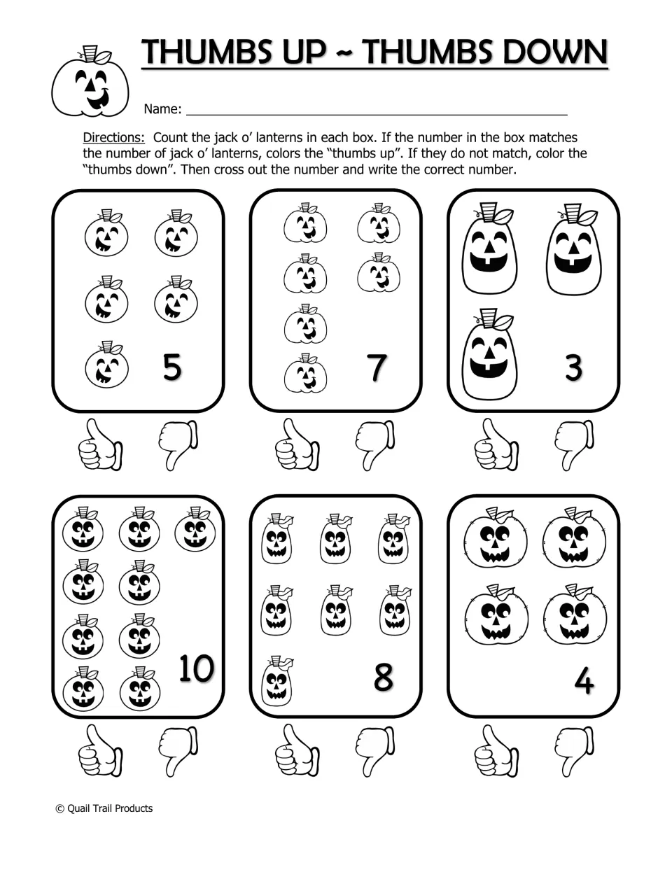 Thumbs Up ~ Thumbs Down counting worksheet: check jack-o’-lantern totals and rewrite incorrect numbers
