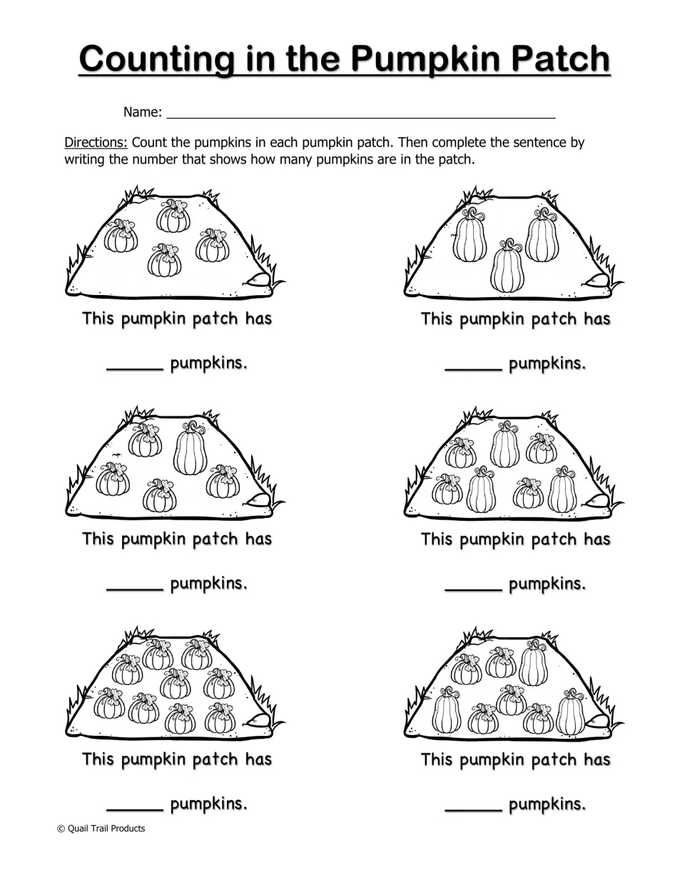 Counting in the Pumpkin Patch worksheet: count six pumpkin groups and write totals to complete sentences
