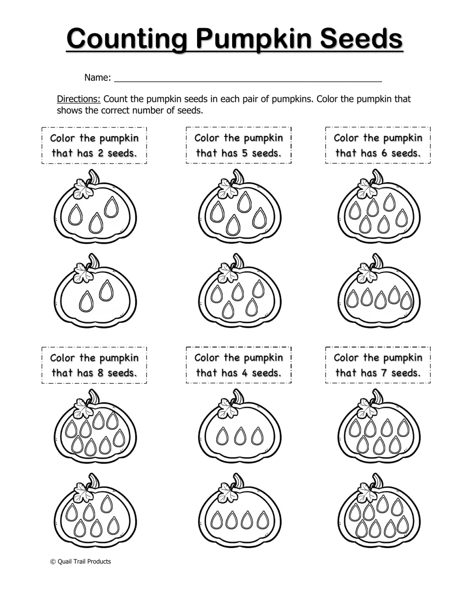 Counting Pumpkin Seeds worksheet: choose and color pumpkins containing 2, 5, 6, 8, 4, and 7 seeds