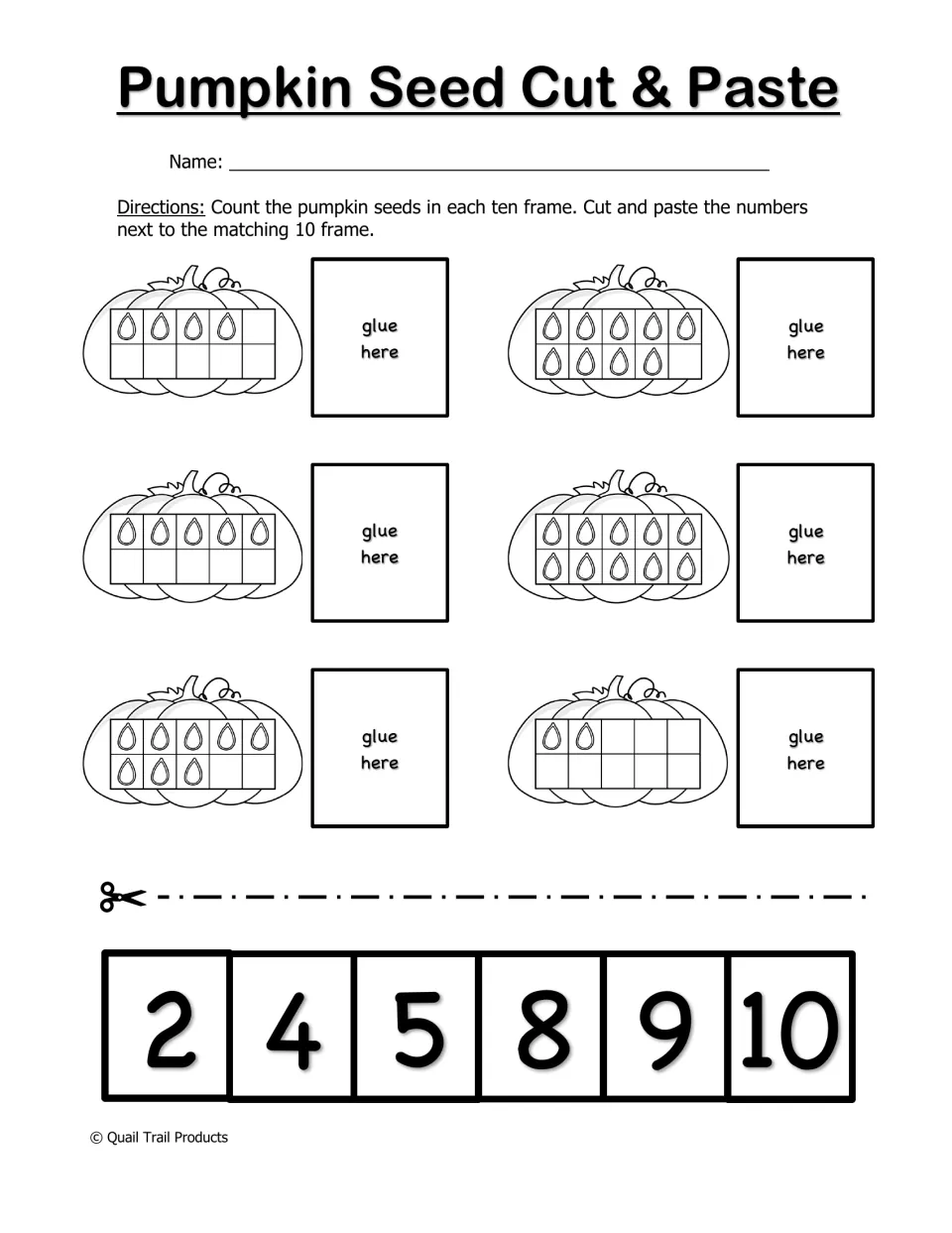 Pumpkin Seed Cut & Paste worksheet: count seeds in ten frames and glue matching numerals 2, 4, 5, 8, 9, 10