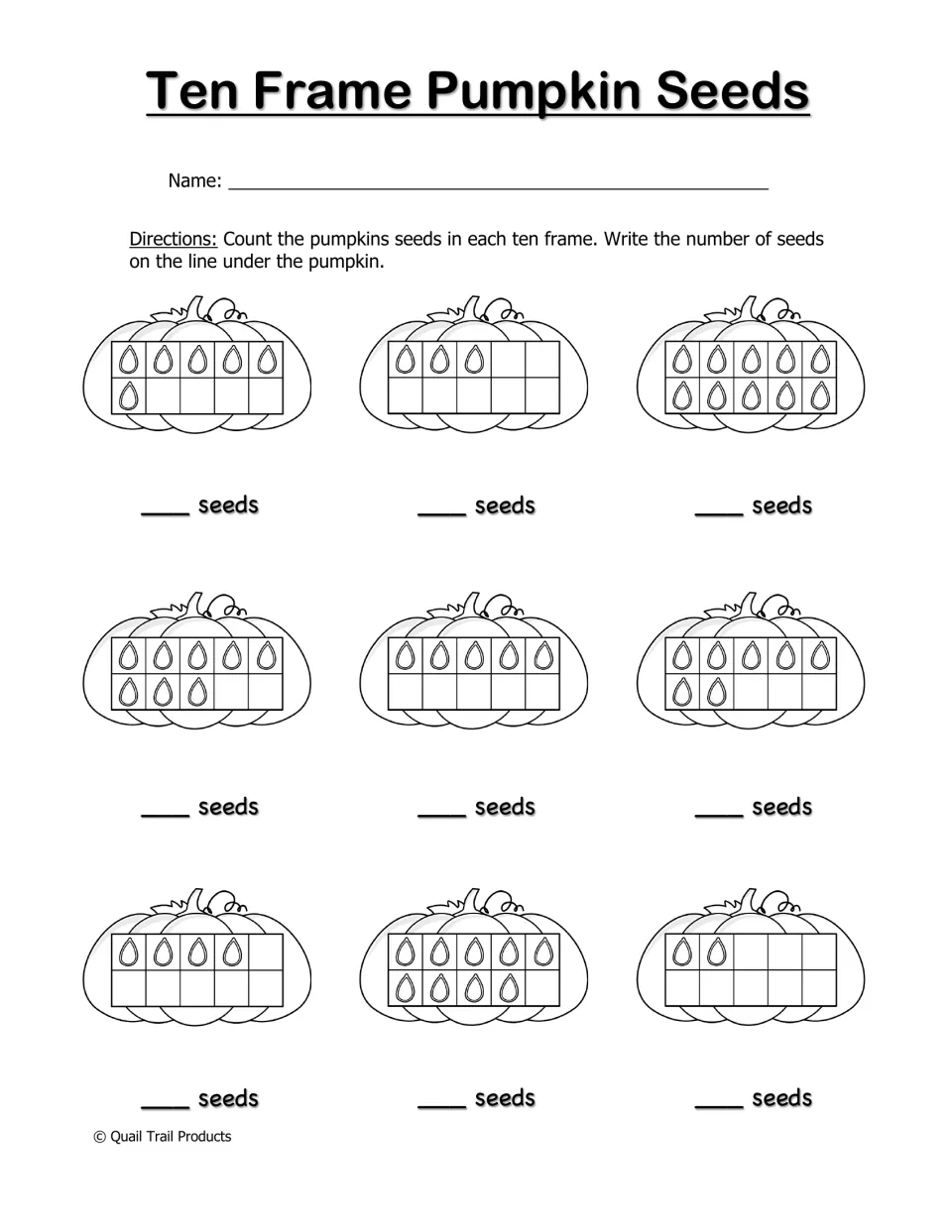 Ten Frame Pumpkin Seeds worksheet: count seeds in nine ten frames and write the number for each pumpkin