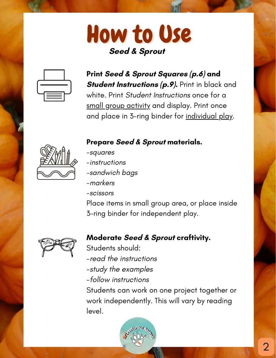 Seed & Sprout teacher guide: print squares and instructions, gather bags, markers and scissors, then guide the craftivity