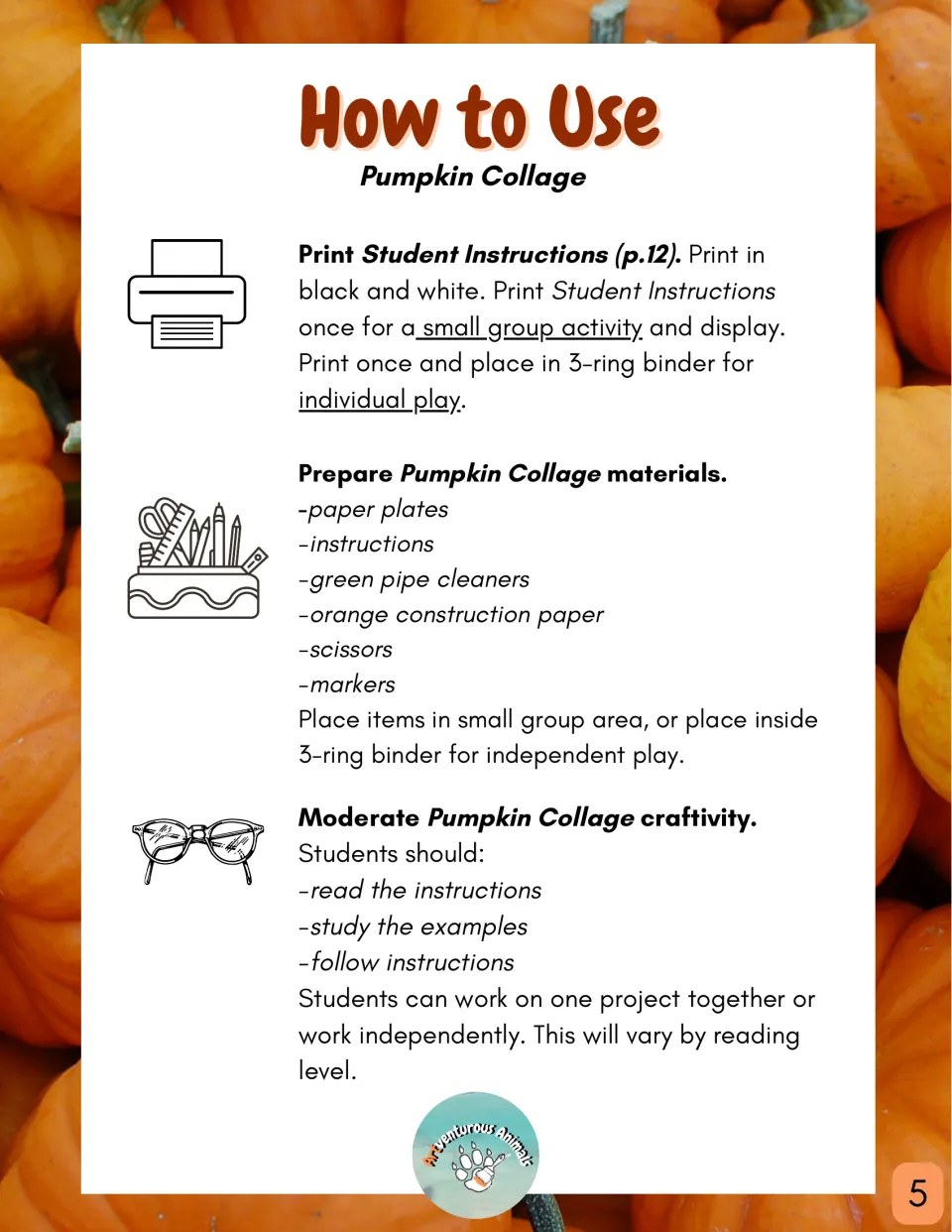 Pumpkin Collage teacher guide: print instructions, gather paper plates, green pipe cleaners, orange paper and markers