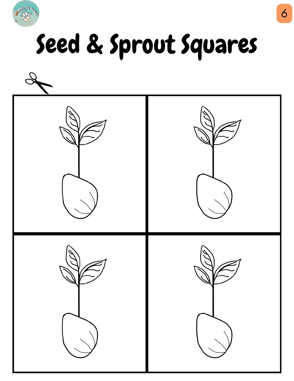 Seed & Sprout Squares: four seeds with leafy sprouts for students to cut out and color for the seed-in-a-bag craft