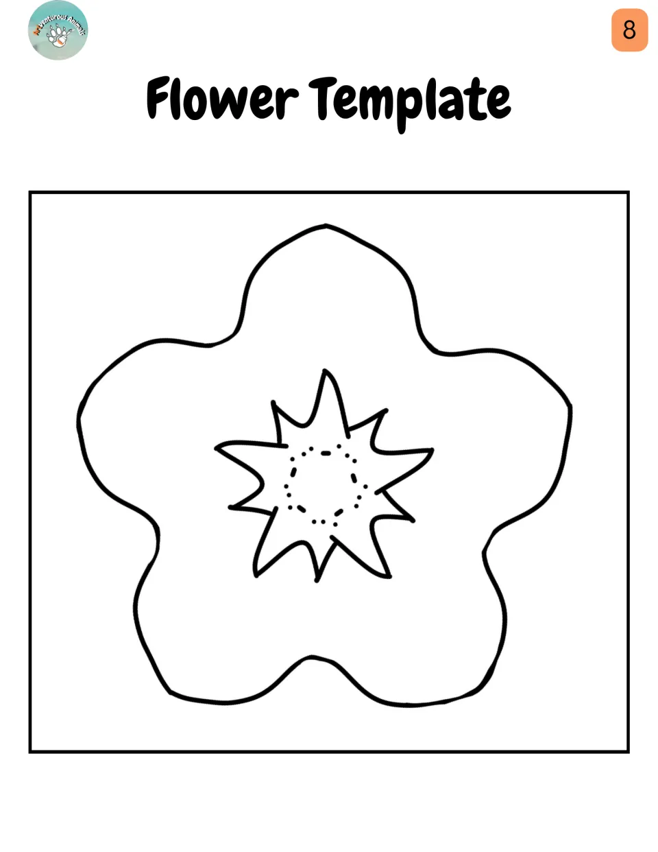 Flower Template: one large five-petal pumpkin blossom outline with a star-shaped center to cut out and color
