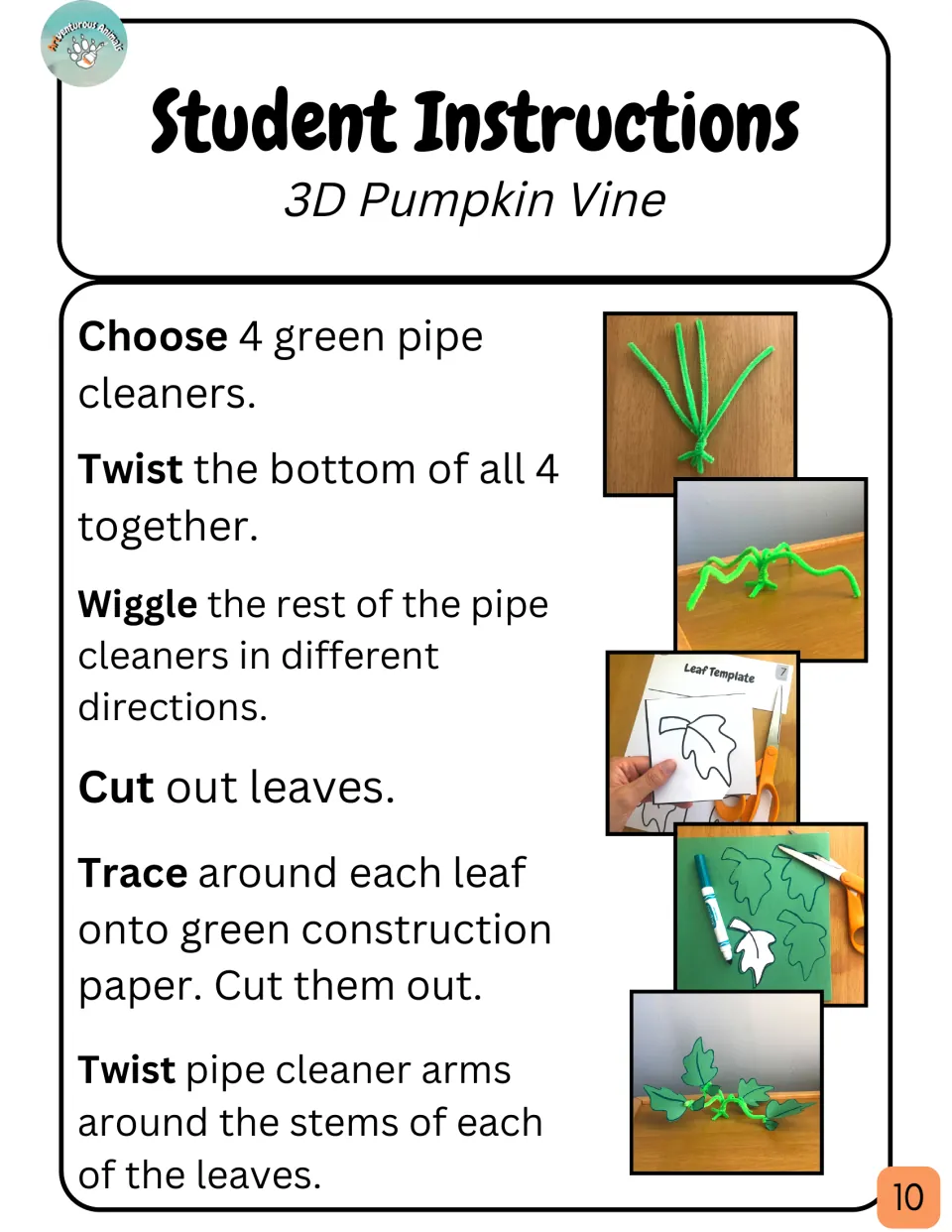 3D Pumpkin Vine student steps: twist 4 pipe cleaners, trace and cut paper leaves, attach them; photos show each stage
