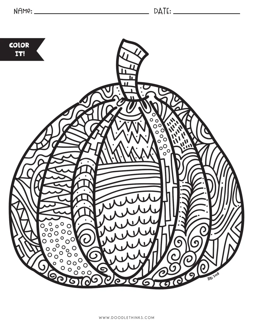 Color It! pumpkin: students color a large pumpkin filled with zentangle patterns of swirls, dots, scallops and zigzags