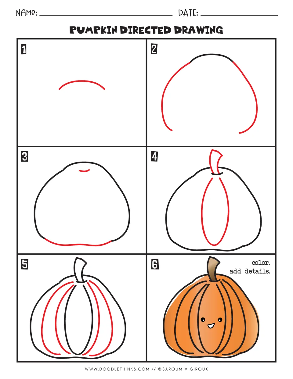 Pumpkin directed drawing: six numbered steps add new lines in red to build a pumpkin, then color it and add a smiling face