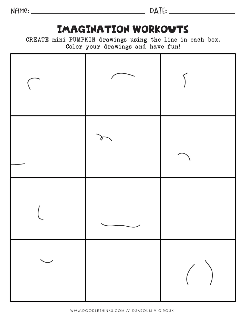 Imagination Workouts: students turn starter lines in 12 squares into mini pumpkin drawings and color them