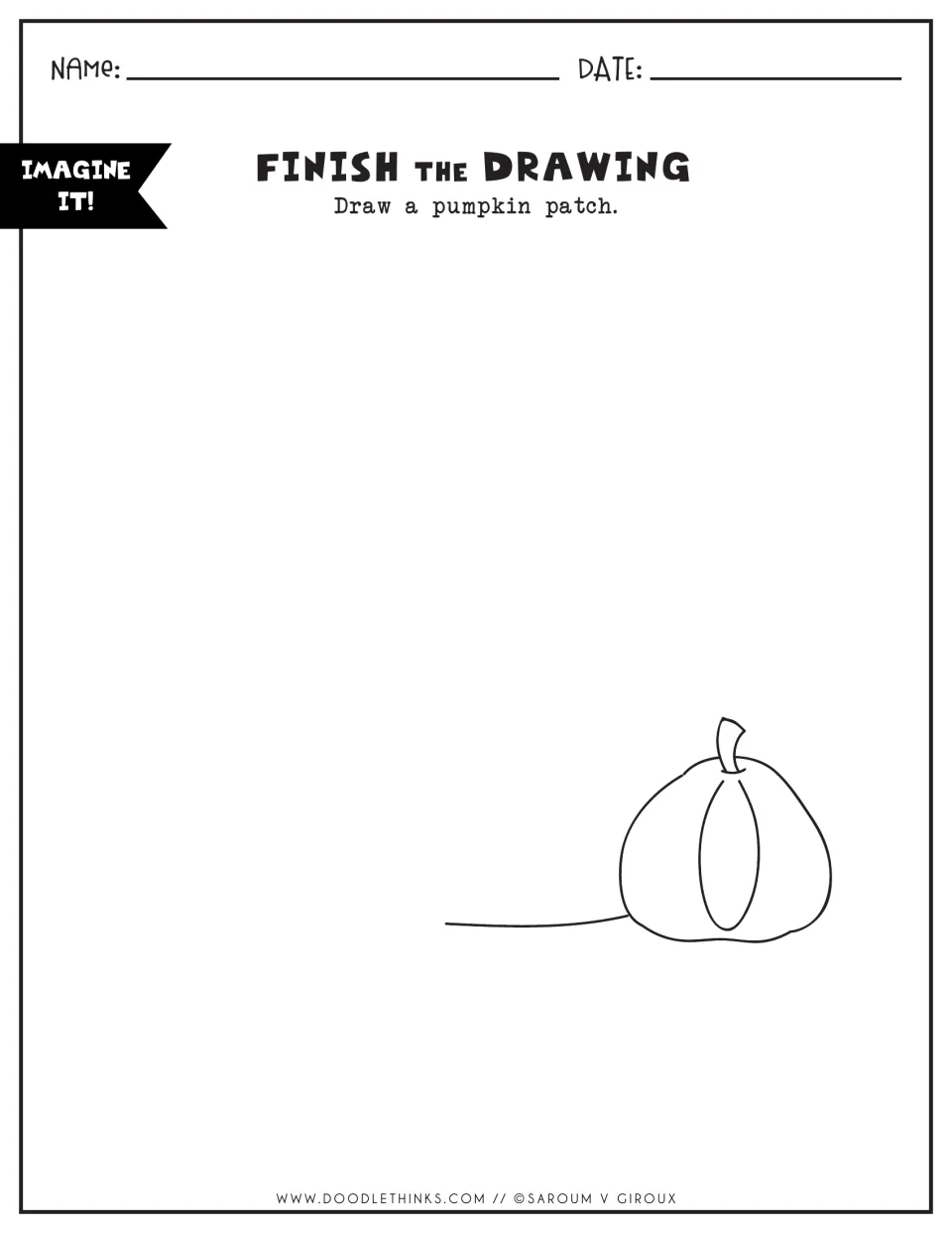 Finish the Drawing: starting from one pumpkin on a vine, students draw the rest of a pumpkin patch scene