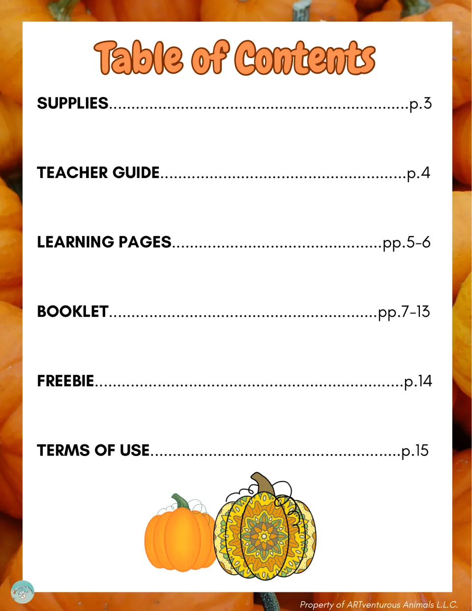 Table of contents listing supplies, teacher guide, learning pages, booklet, freebie and terms of use with page numbers