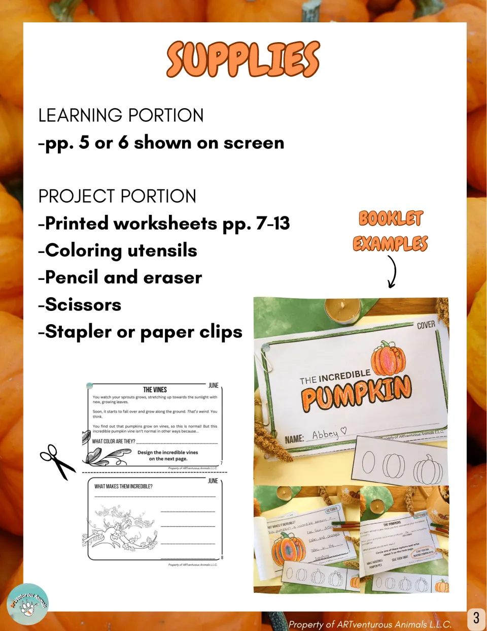 Supplies list for the learning and project portions: printed pages, coloring utensils, pencil, scissors and stapler