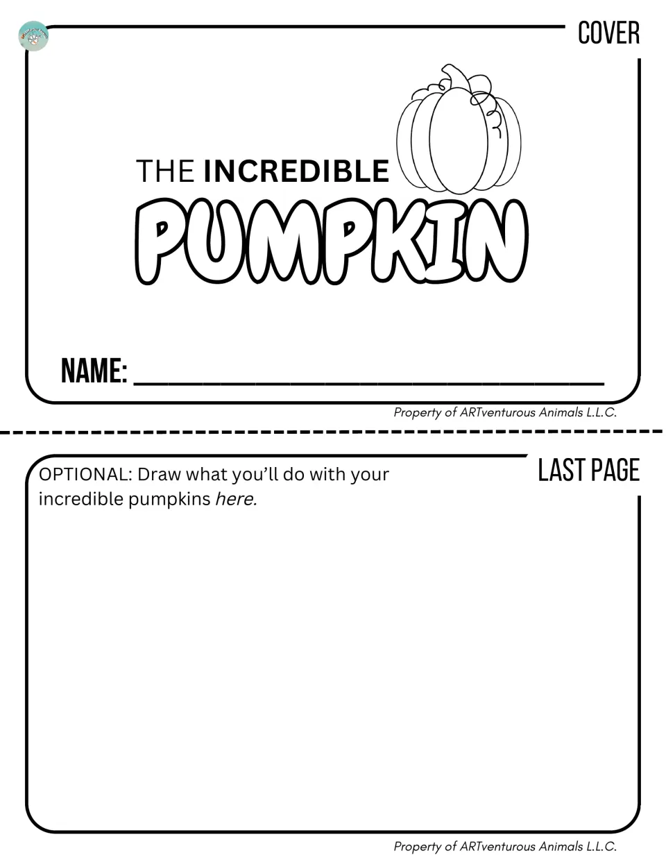 Booklet cover with a name line and a pumpkin to color, plus an optional last page to draw plans for the pumpkins