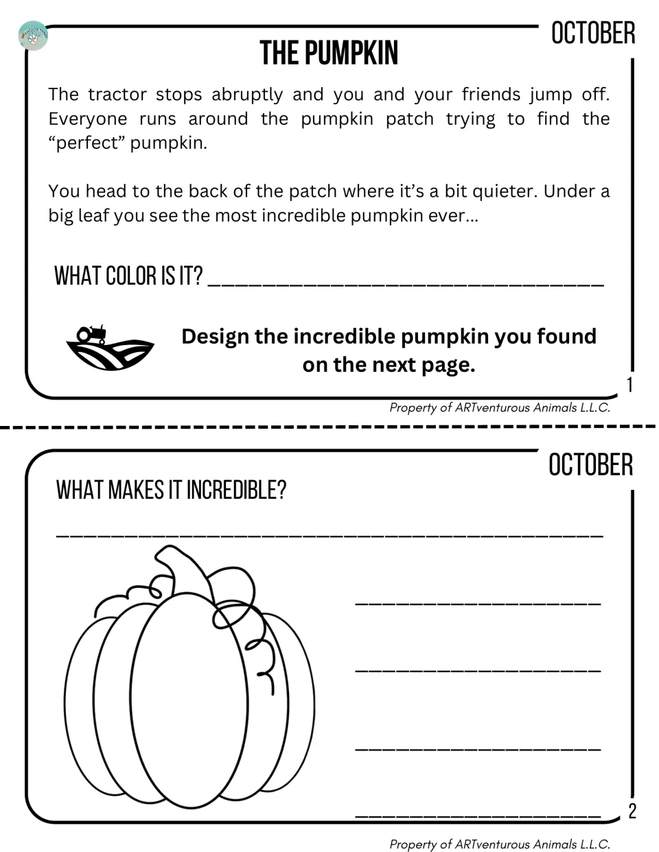October story, The Pumpkin: a pumpkin patch find; students name its color, design it and write what makes it incredible
